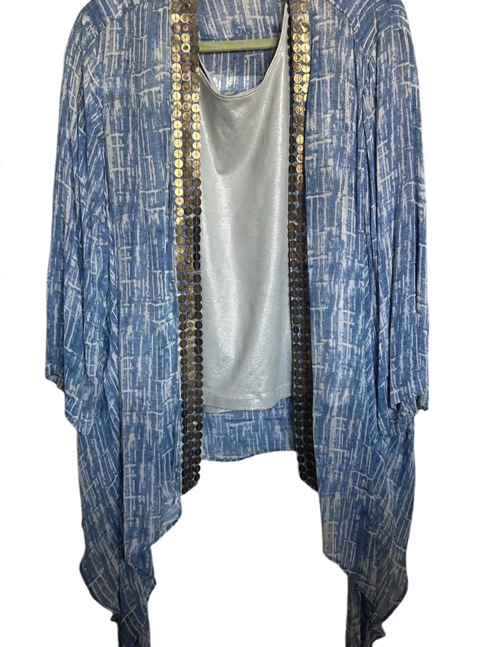 Chico's Blue Patterned Draped Cardigan with Gold Sequin Trim